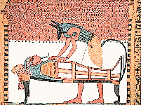 The Egyptian god Anubis attends the the mummy of Sennedjem